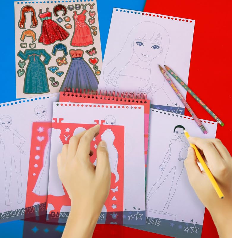 Image of STRIDERS Dazzling Divas Fashion Design Sketchbook | Ultimate Designer Kit | Sticker Sheet | 4 PP Stencils | 2 Color Papers | 24 Inner Sheets