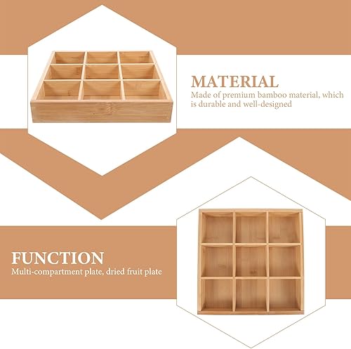 Miniatura 5 de Hemoton Bandeja de bambú con 9 compartimentos divididos, plato de comida para ollas calientes, bandeja de verduras, plato de frutas, organizador de