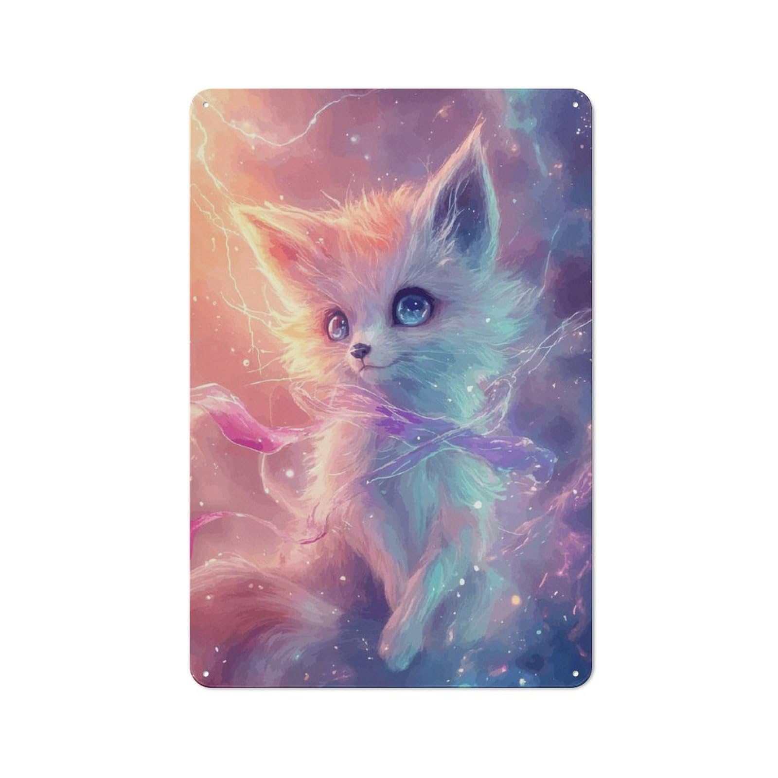 Junmoney Style-1 Understated Decorative Metal Sign 30X20cm Featuring Cute Fox In Galaxy, Study Room Decor For Workspace, Cafe, Shop Or Desk Area