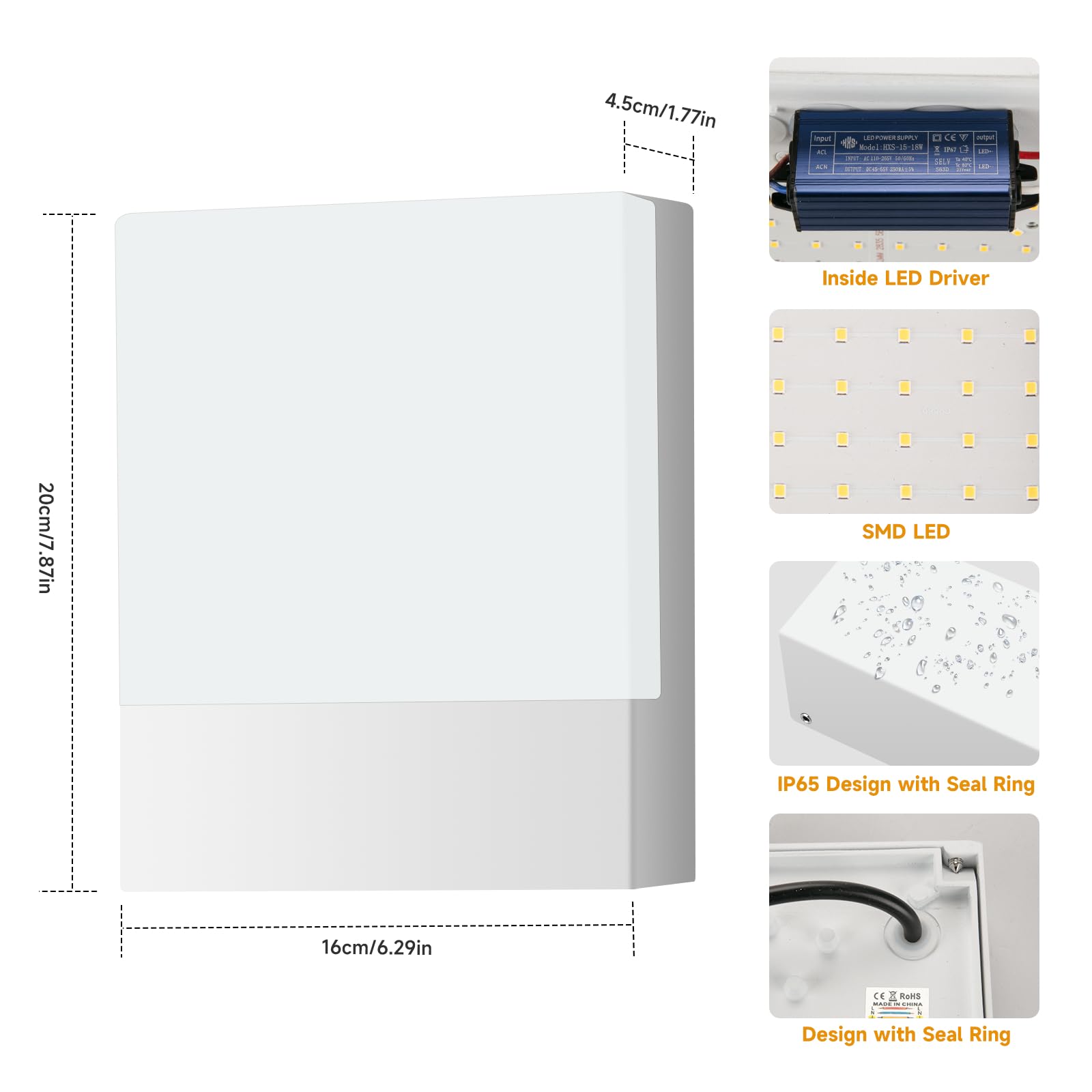 Cwycfw 18W LED Applique da Parete Interno/Esterno Impermeabile IP65,Applique da Parete per Balconi Giardini,Bianco Lampade da Parete,Bianco Caldo 2700K-3000K