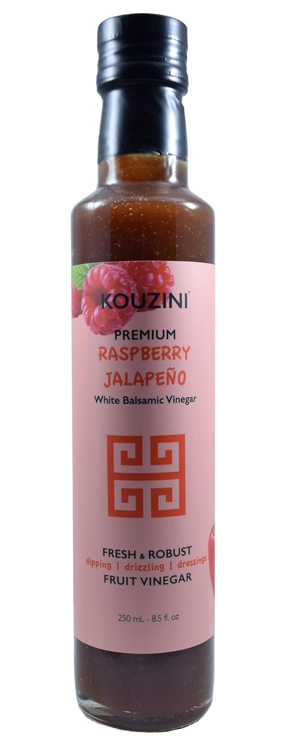 Kouzini Ultra Premium Raspberry Jalapeno Fruit White Balsamic Vinegar, Aged Balsamic Vinegars from Modena, Italy, Premium, Smooth & Full-Bodied Flavor, 250ml Bottle