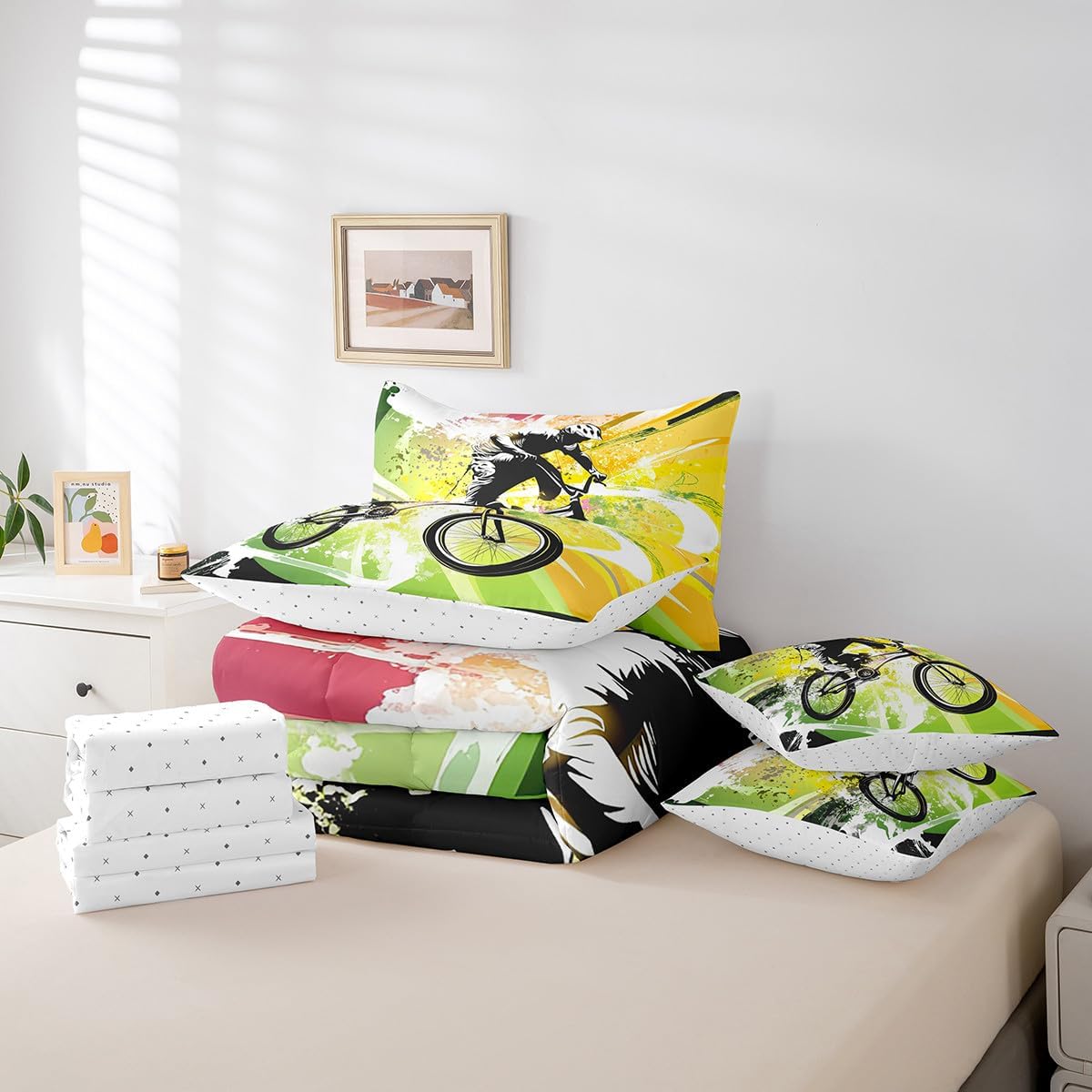 Erosebridal Mountain Bike King Comforter Set Extreme Games Sports Bed in A Bag for Kids Boys Teen,Bicycle Bedding Set 7 Piece Bed Set with Comforter Sheet Set Pillow Covers Pillow Cases