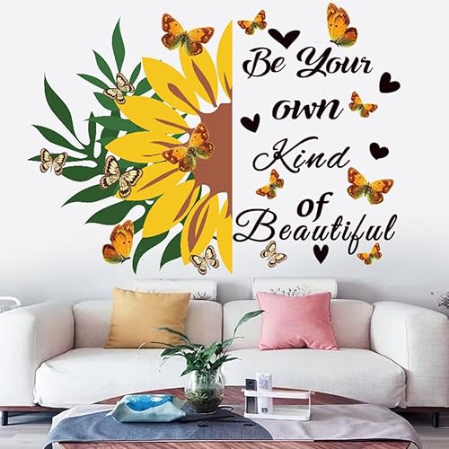 Calcomanía de vinilo inspiradora para pared, diseño de girasol con texto en inglés Be Your Own Kind of Beautiful Quotes, calcomanía de pared de