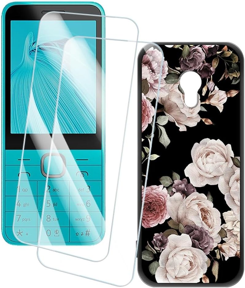 2 Pack Screen Protector + Case Compatible with Nokia 235 4G 2024 (2.8 inch) Case Artistic Custom Printed Cover and Tempered Glass Film Anti-Scratch (Flowers)