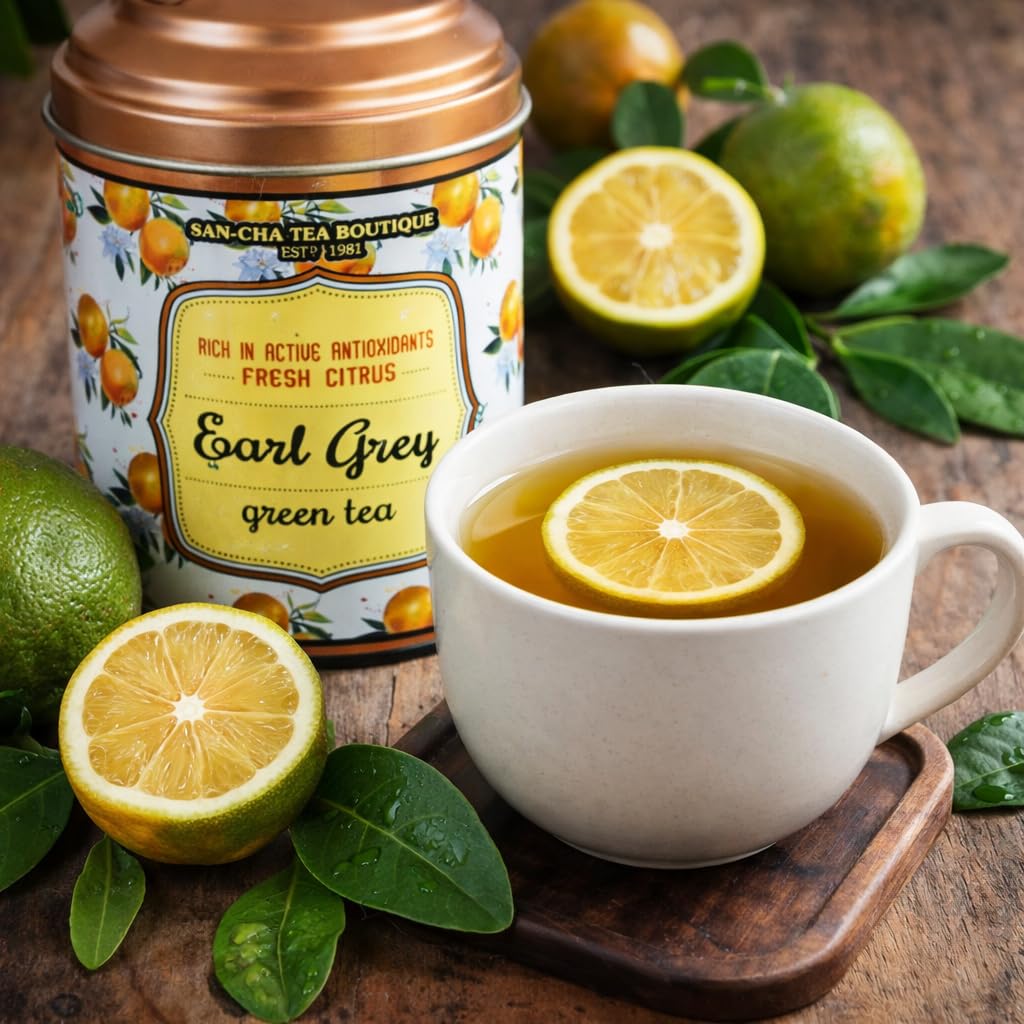 Sancha Tea Boutique, Earl Grey Green Tea, 100g Loose Leaves | Rainforest Alliance Certified | Refreshing Citrus Bergamot & Indian Green Tea Blend | Double Lid Tin Caddy — Amazon image 2