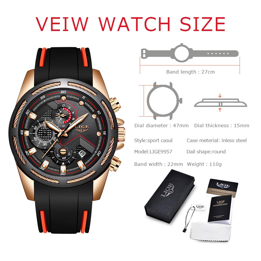 LIGE Montres Hommes Mode Élégant Analogique Quartz Chronographe Étanche Silicone Homme Montre Bracelet Sport Grand Noir Cadran Rond Business Casual Robe Hommes Montre Calendrier