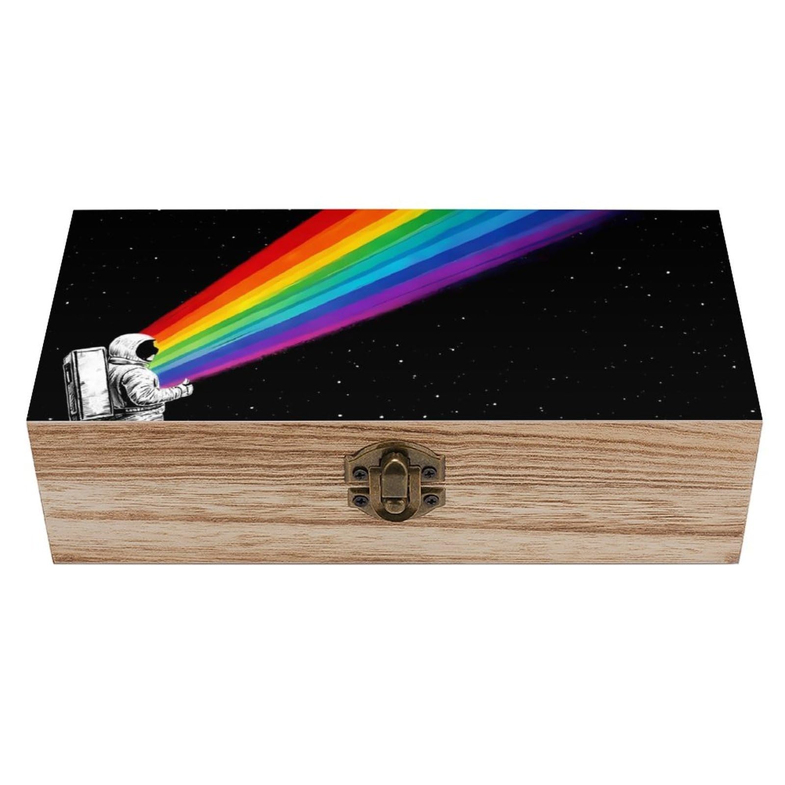 SMAZDFXX Trippy Space Astronaut Rainbow Art Wooden Storage Box With Hinged Lid Decorative Front Clasp Keepsake Boxes