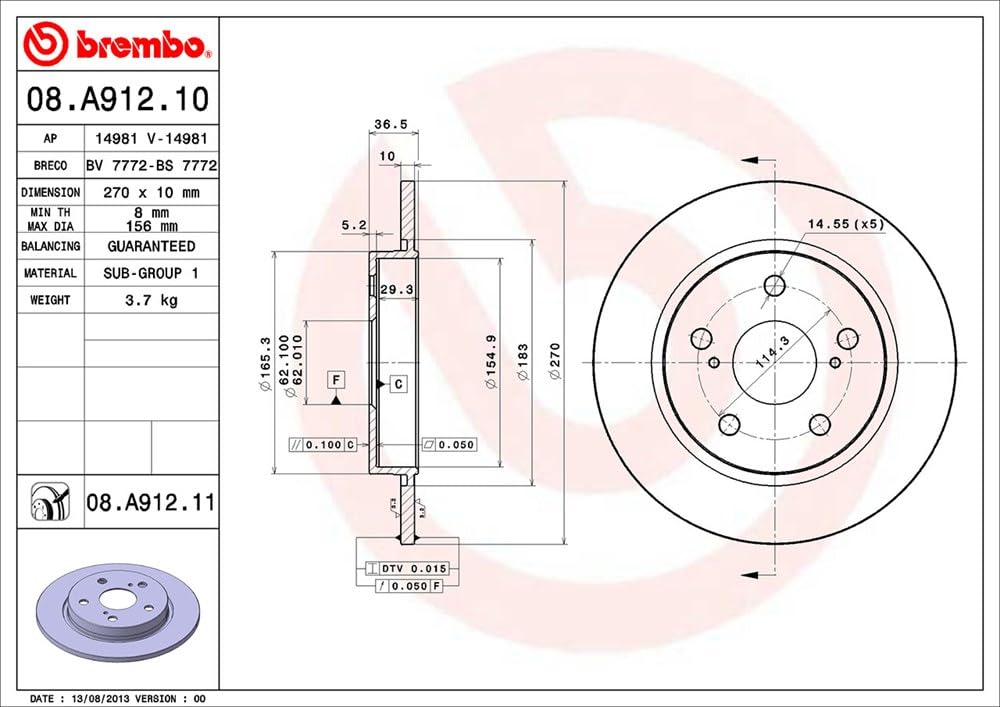 Brembo 08.A912.11 Tarcza hamulcowa z powłoką UV - zestaw 2 sztuk