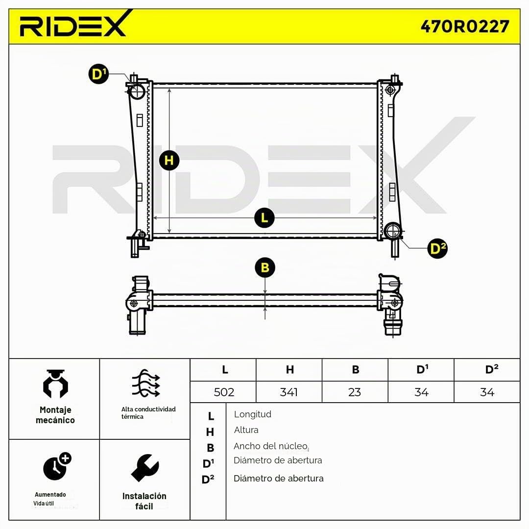 RIDEX 470R0227 Radiador refrigeración del motor Compatible con FORD Fiesta Mk6 Hatchback CB1, CCN, JA8, JR8