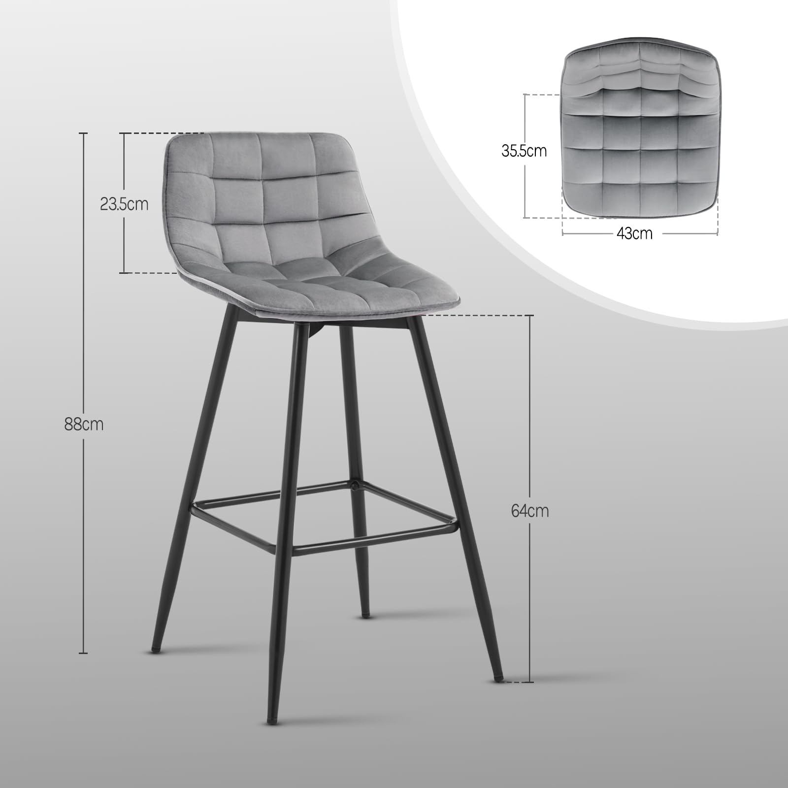 WOLTU Taburete de Bar Juego de 4 con Respaldo, Terciopelo, Gris Claro
