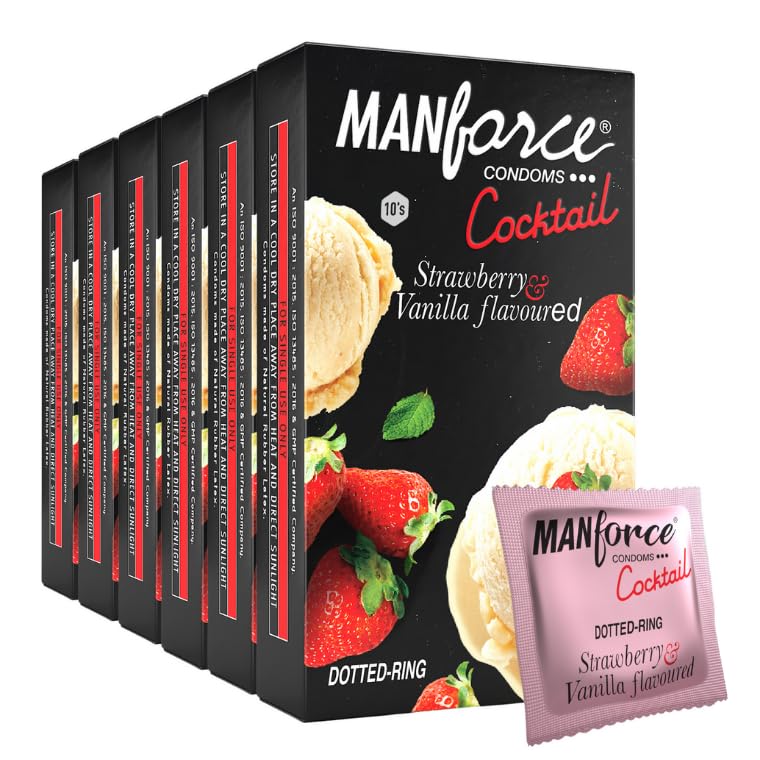 Manforce Cocktail Strawberry & Vanilla Flavoured Condoms for Men with Dotted Rings| Extra Dotted for Her Extra Stimulation| Lubricated Latex Condoms| 10 pcs x Pack of 6-image-44
