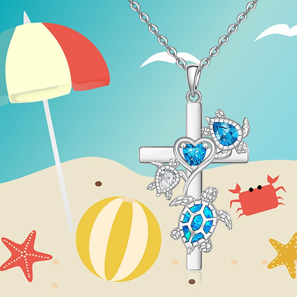 Turtle Necklace for Women S925 Sterling Silver Blue Opal Sea Turtle Necklace Cross Heart Mother Daughter Pendant Jewelry Gift - Image 6