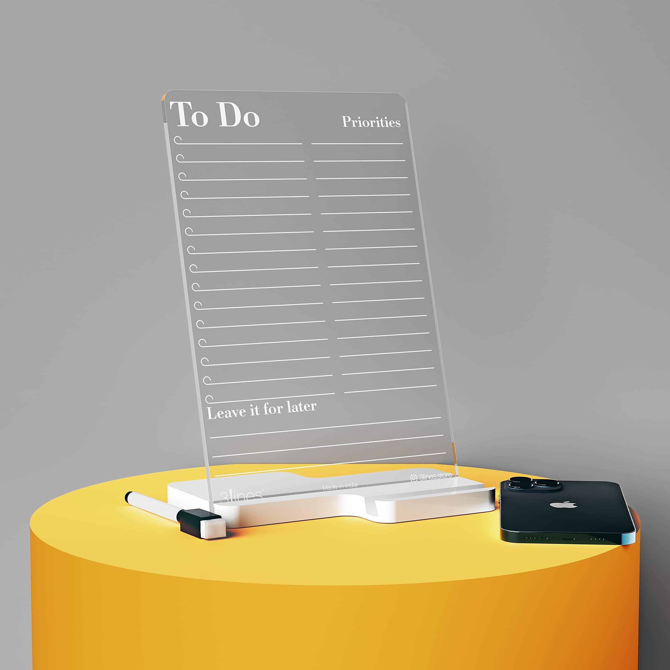 Acrylic Board Daily Planner for Desk (24 X 16 cm) to-Do List, Reminders, Priority List | White Base with Board & Mobile Holder | for Working Professionals and Students
