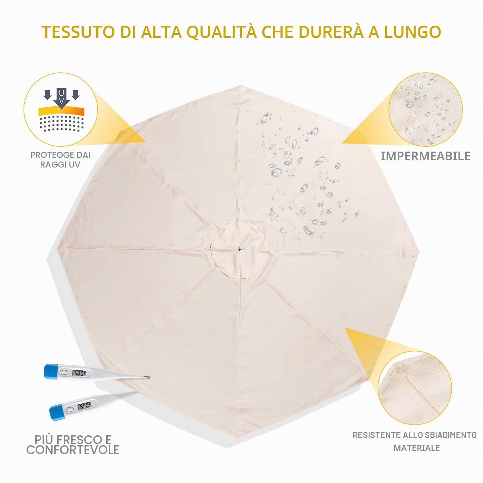 DOITOOL Coperture per ombrelloni da giardino di ricambio 3x3 Metri 8 stecche UV Protezione Parasole Copertura per Ombrellone da terrazzo e Esterno (Beige, senza Supporto)