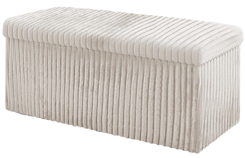 Home Republic Corduroy Ottoman Storage Box – Foldable Footstool with Lid – Soft Toy Chest Bench for Kids Room, Nursery, Bedroom or Living Room (Cream, 76 x 38cms)