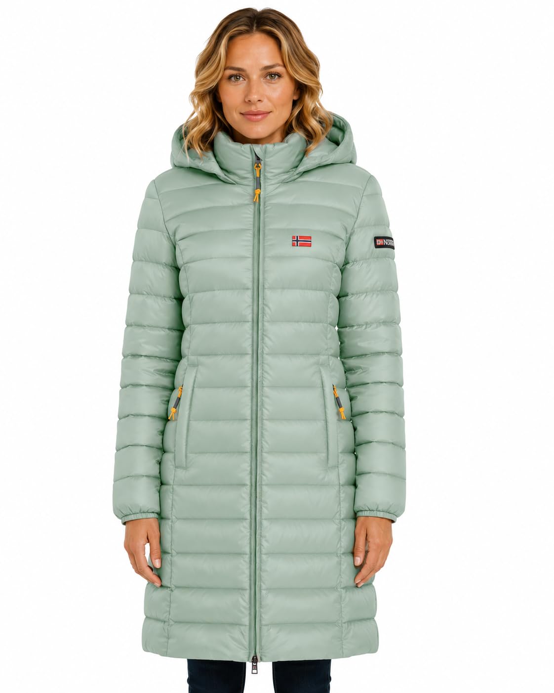 Geographical Norway Atikolor Lady Long Hood Parka Mujer Larga con Capucha Cremallera Central Poliamida Cortavientos Bolsillos Laterales Parche Brazo Bandera Pecho