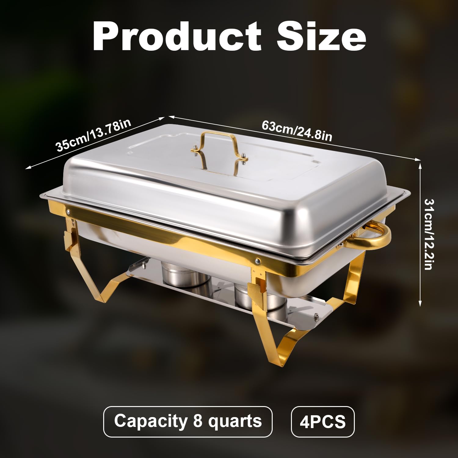 4 Pack Chafing Dishes for Buffet, Rectangle Stainless Steel Chafing Dish Buffet Set 8 QT Elegant Food Chafer Buffet Servers and Warmers for Parties Wedding Birthday Hotel Catering Supplies Display
