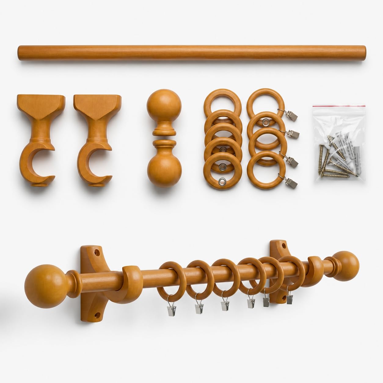 Heavy Duty Wooden Curtain Pole 28mm Curtain Rod Set with Ball Finials, Rings, Clips & Brackets for Window & Door Curtains, Easy Install (Beechwood, 240cm)