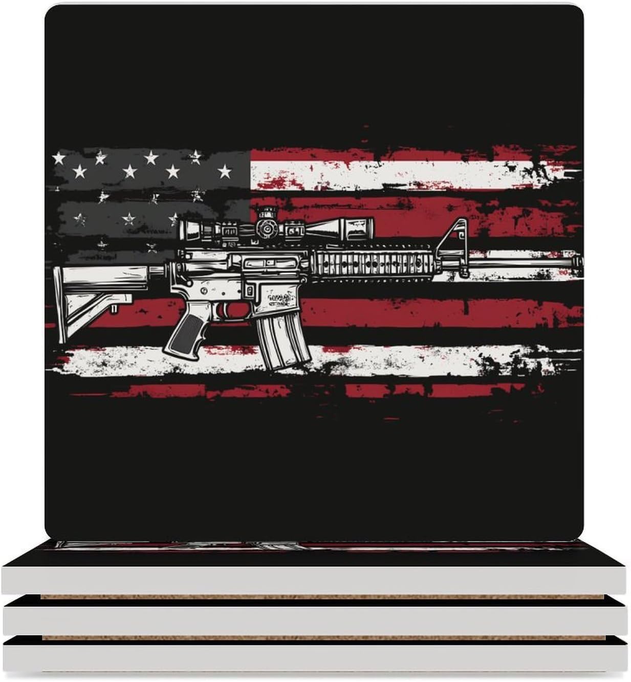 U.S Flag Guns Military Coasters for Drinks Square Table Coasters Set Cup Mats with Cork Base