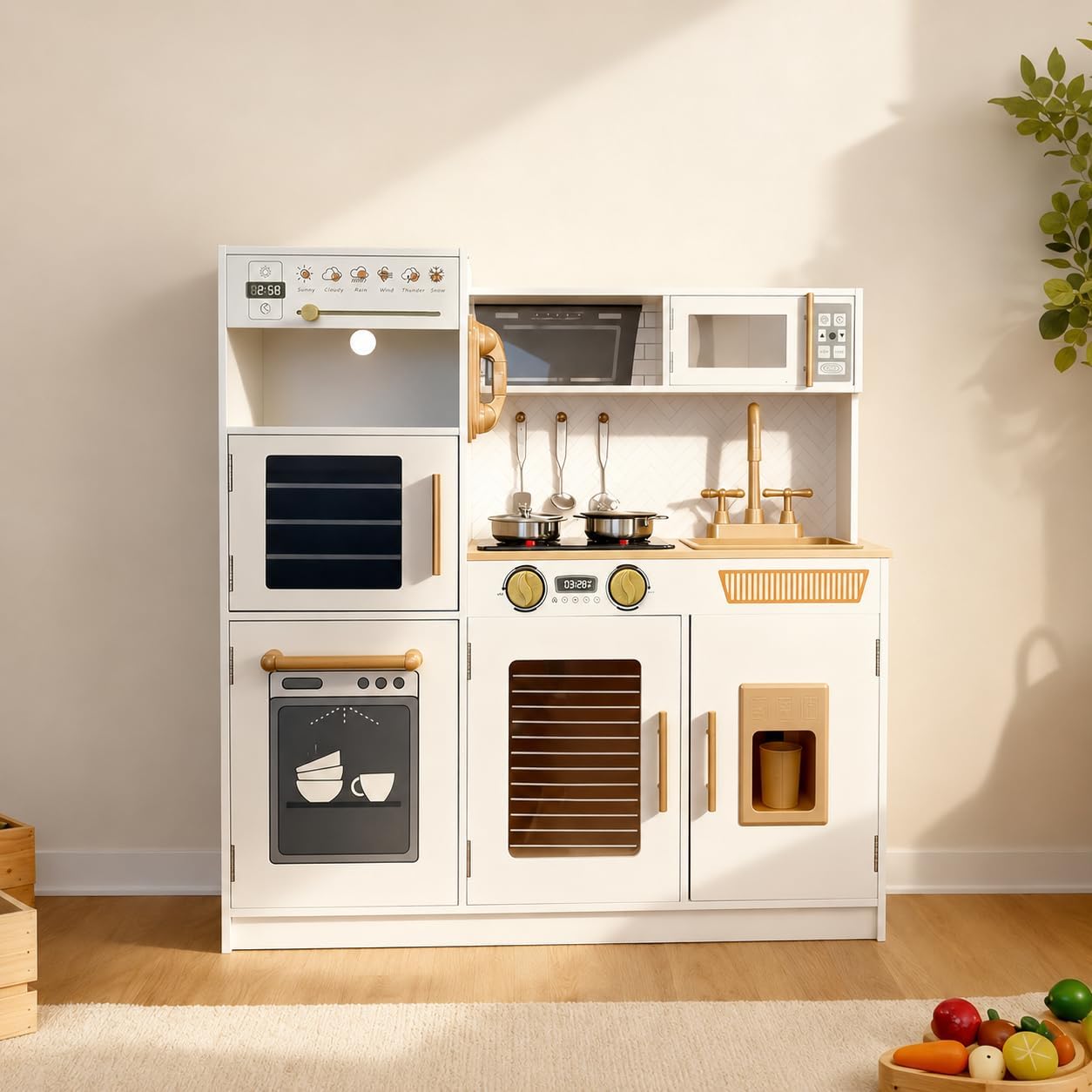 YUG Heavy-Duty Wooden Play Kitchen Set with Real Lights & Sounds, Compliant Premium Pretend Kitchen Toy Including Stove, Oven, Ice Maker, Range Hood, for Kids Ages 3+, ASTM CPSIA Compliant