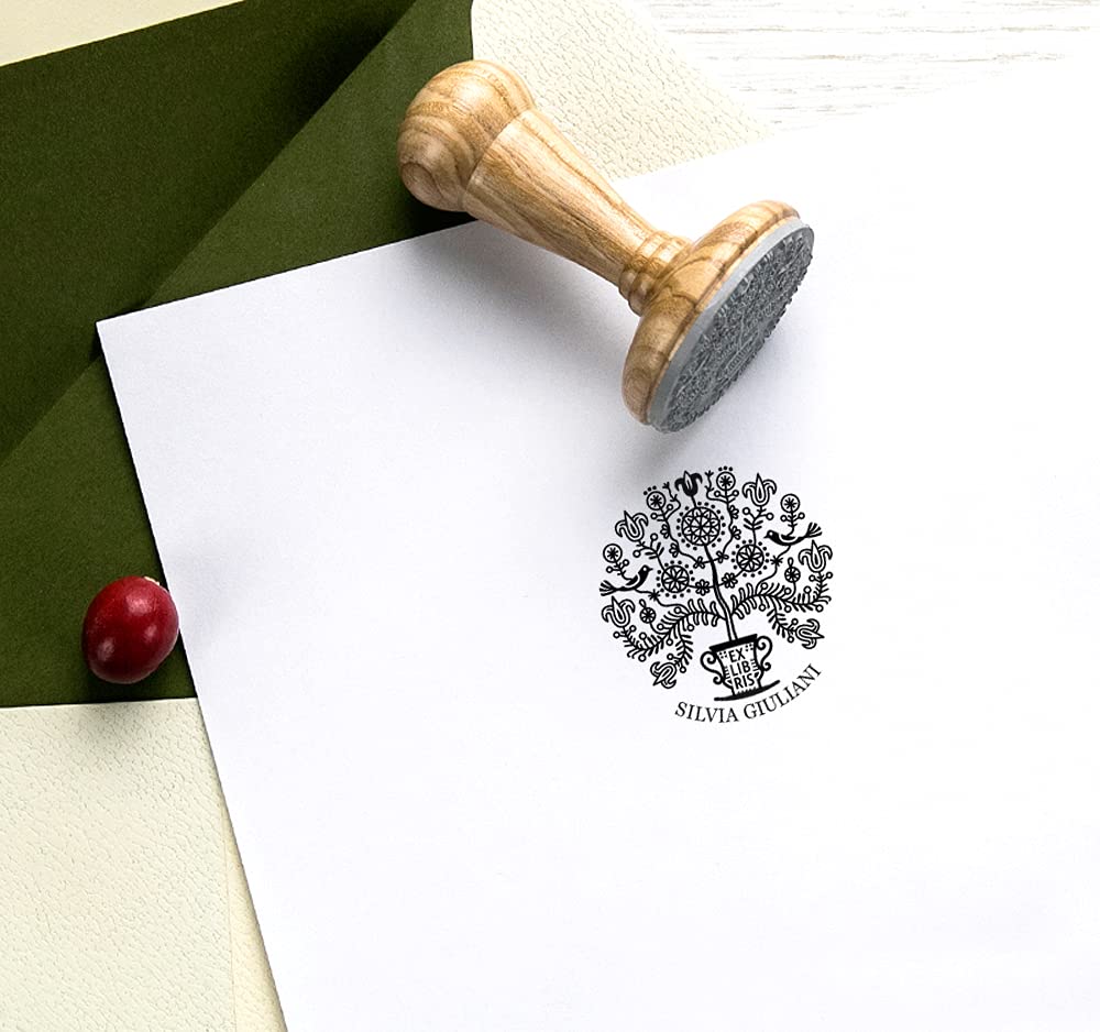 Timbro Personalizzato Albero Della Vita Con Fiori, Ex Libris Su Manico In Legno Naturale, Regalo Creativo Per Amanti Dei Libri
