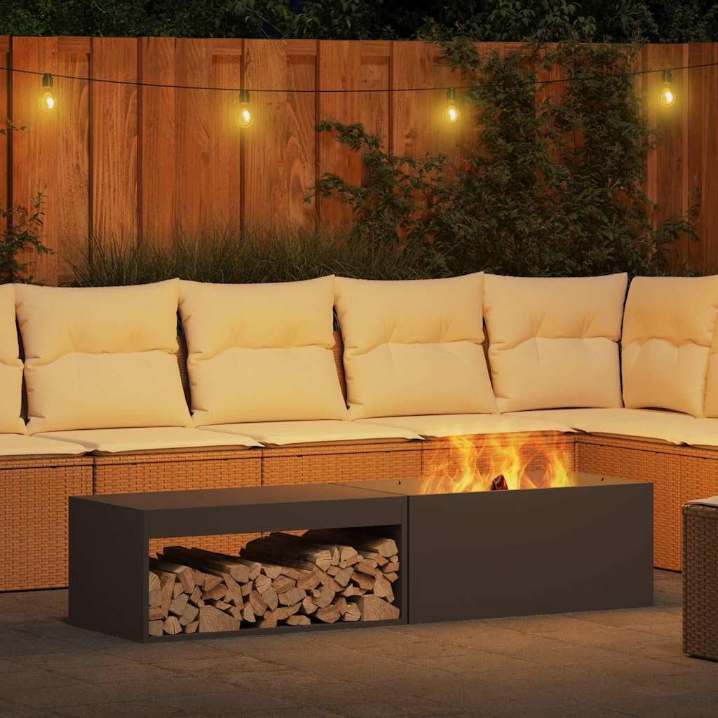 Feuerstelle Schwarz 160 x 45 x 35 cm Stahl wetterfest für Garten Terrasse Außenbereich mit Stauraum und hitzebeständiger Brennkammer für gemütliche Abende im Freien
