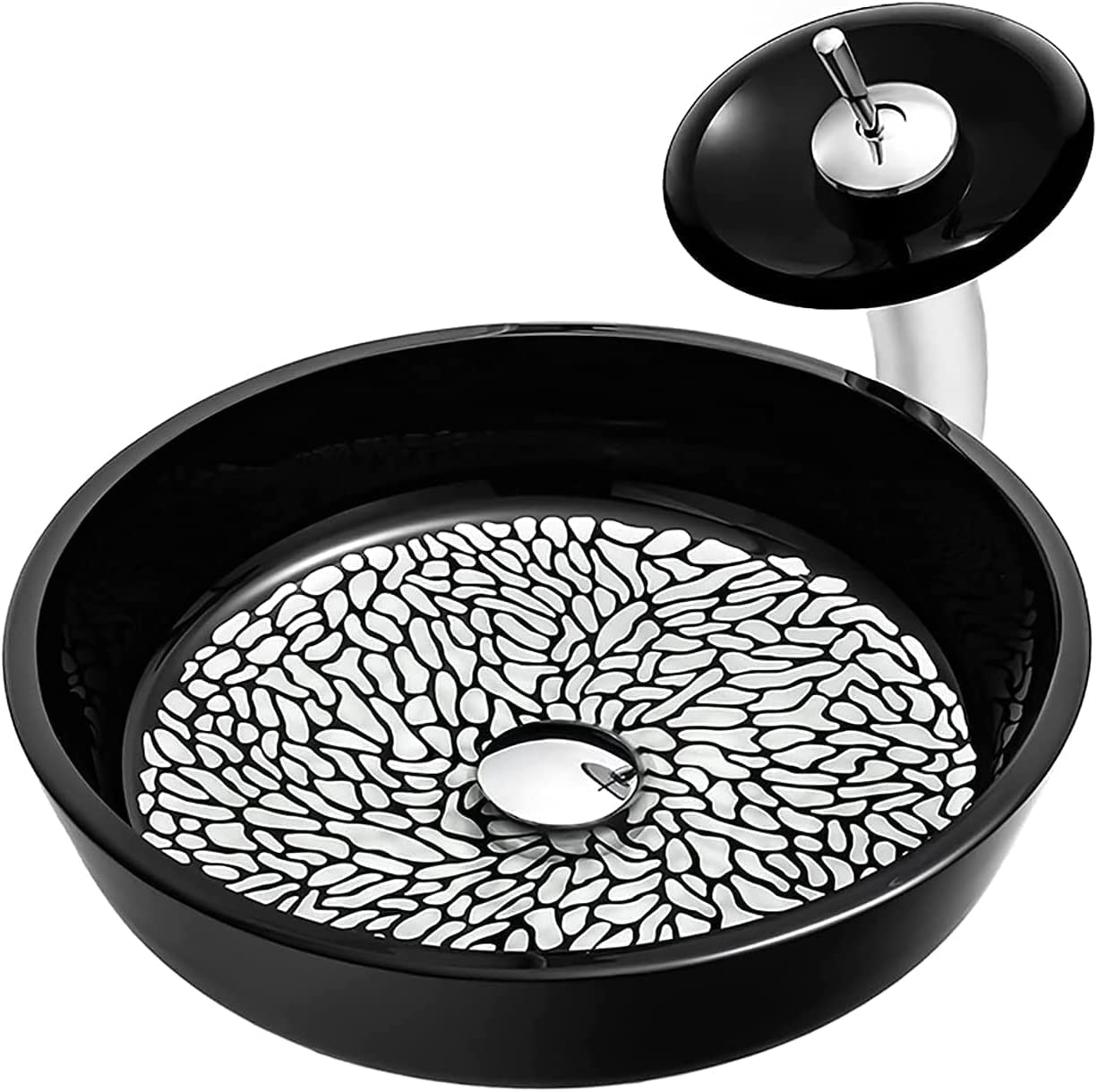 WOTZOV Countertop Sink Tempered Countertop Black Cylindrical Countertop Wash Bowl Hand Wash Basin With Waterfall Faucet,Inlet Pipe,