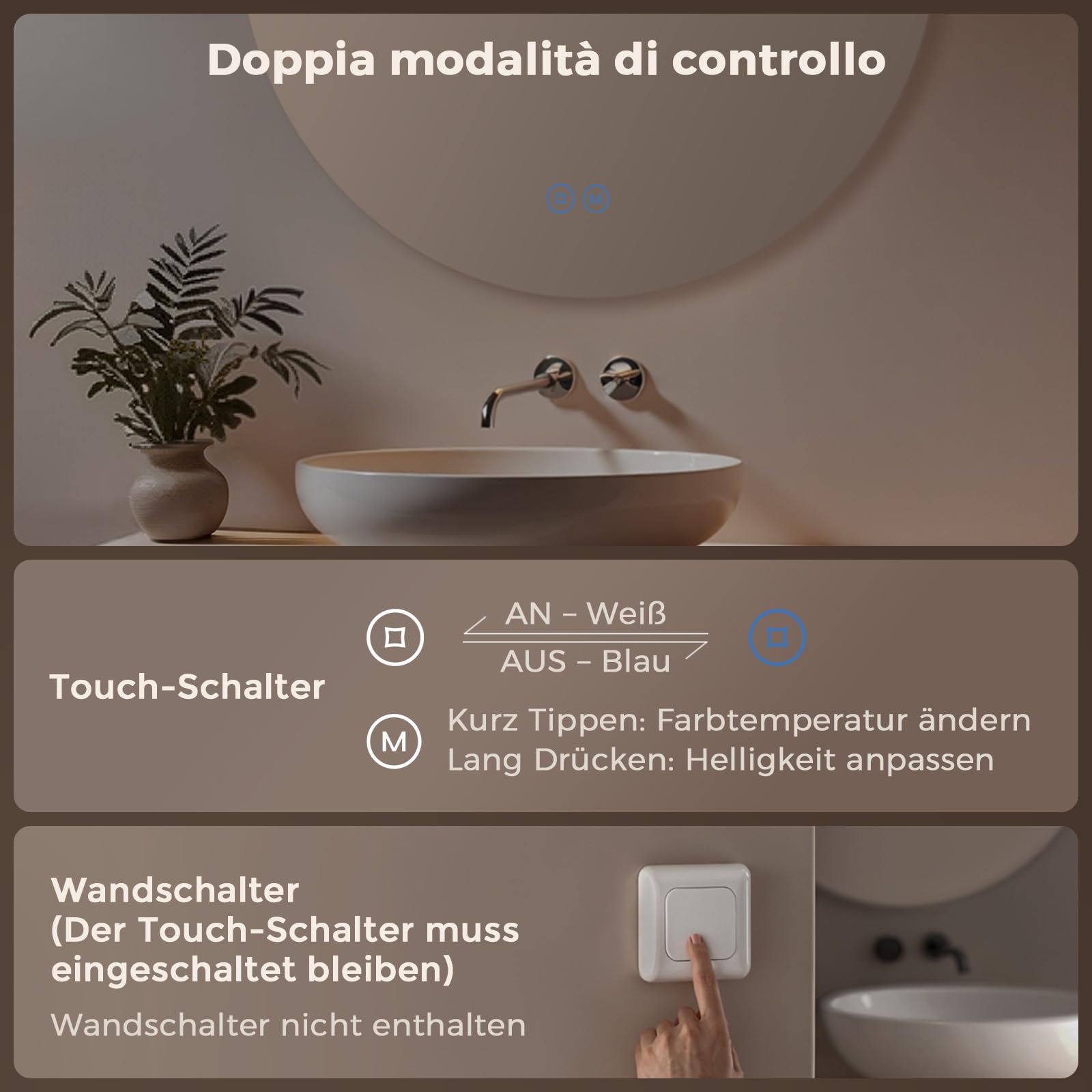 S'AFIELINA Specchio da bagno con illuminazione rotondo, 80cm, specchio LED con interruttore touch, specchio da bagno rotondo con 3 temperature di colore (caldo, neutro, freddo), dimmerabile