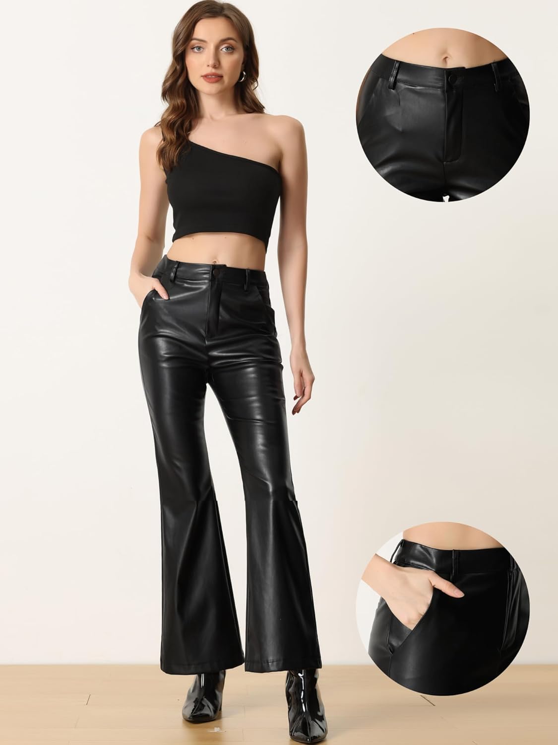 Allegra K Faux Leather Casual Pant for Women's High Waist Bell Bottom Flared Long PU Trouser - Image 2