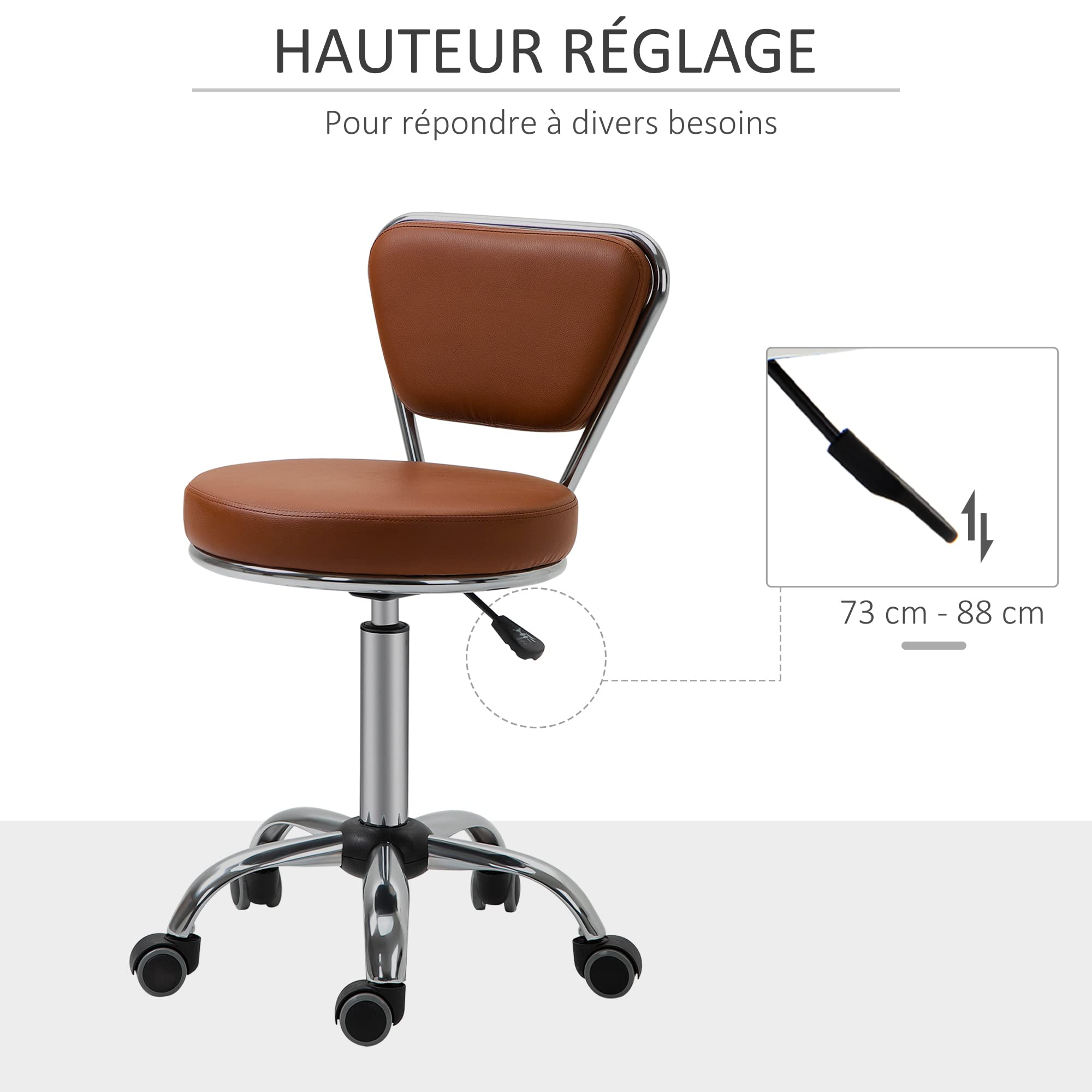 HOMCOM Tabouret de Massage Vintage - Tabouret de Travail pivotant 360° - Hauteur Assise réglable 49-64 cm - revêtement synthétique Marron métal chromé