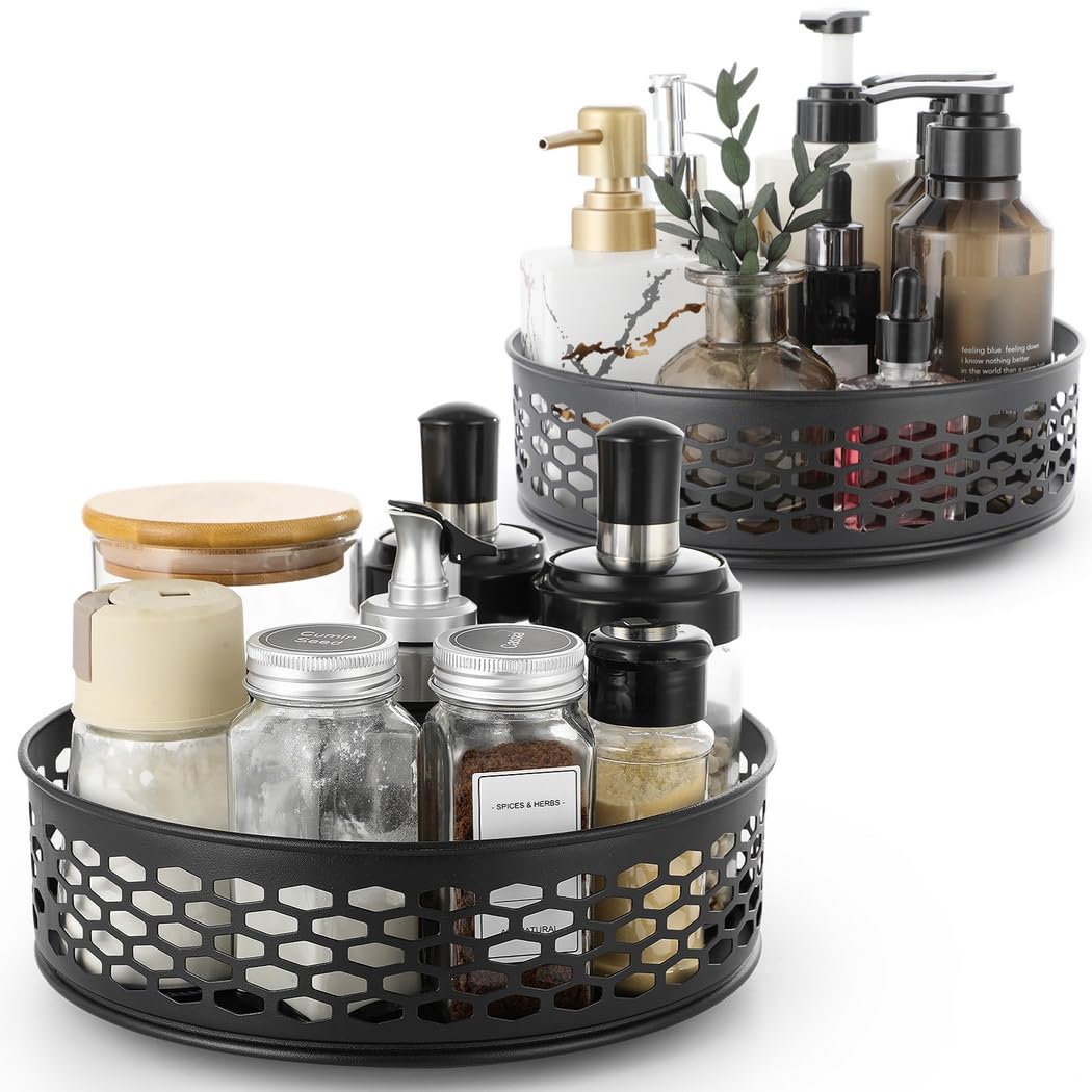 Lazy Susan Lot de 2 étagères à épices rotatives en acier avec base antidérapante pour rangement de cuisine et salle de bain, 26 cm et 22 cm, noir