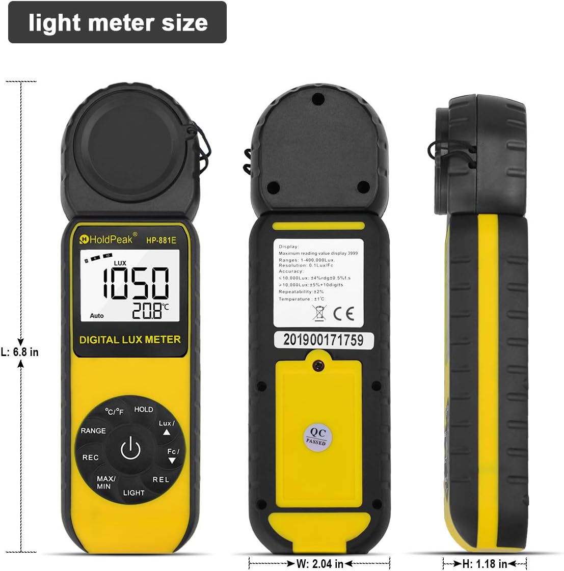 HOLDPEAK Digital Light Meter, Digital Illuminometer/Light Meter with 1~300,000 Lux (1~30,000 FC) Measuring Ranges and 270° Rotated Sensor for LED Lights and Plants Lumen Meter, HP-881E