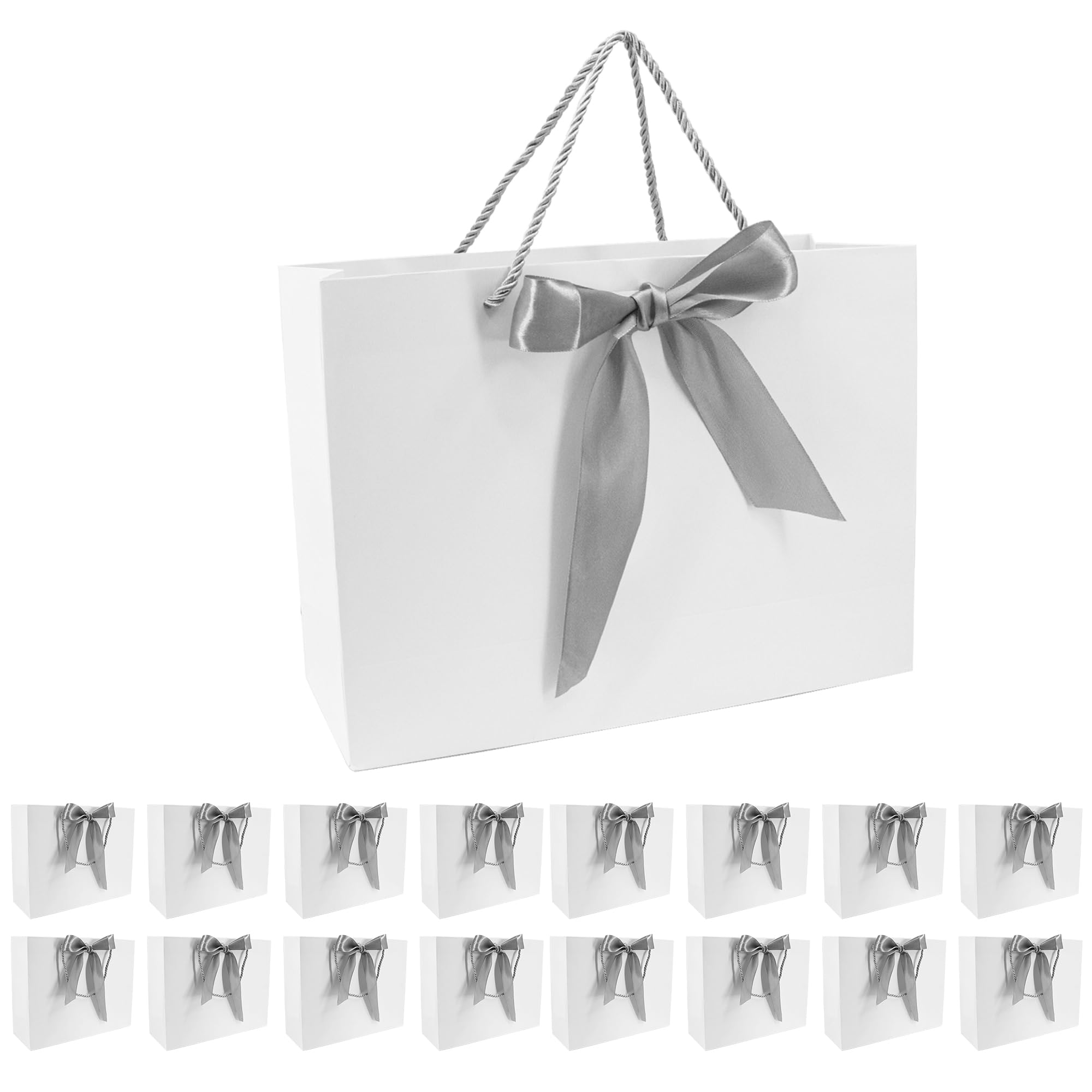 Time to Sparkle 16 PCS Gift Bags Large Size with Handles Bulk, Waterproof Paper Bags with Bow Ribbon for Baby Shower Wedding Party Birthday Holiday Celebrations (32 * 25 * 11cm) White/Silver