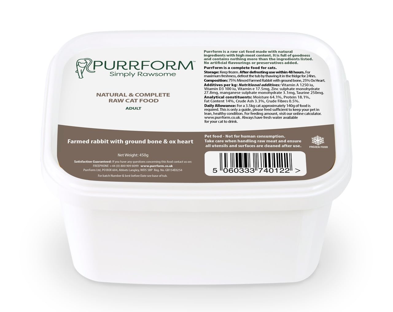 Purrform Kitten Raw Food (20, Purrform Farmed Rabbit with Ground Bone & Ox Heart (KITTEN) 450g) — image 1