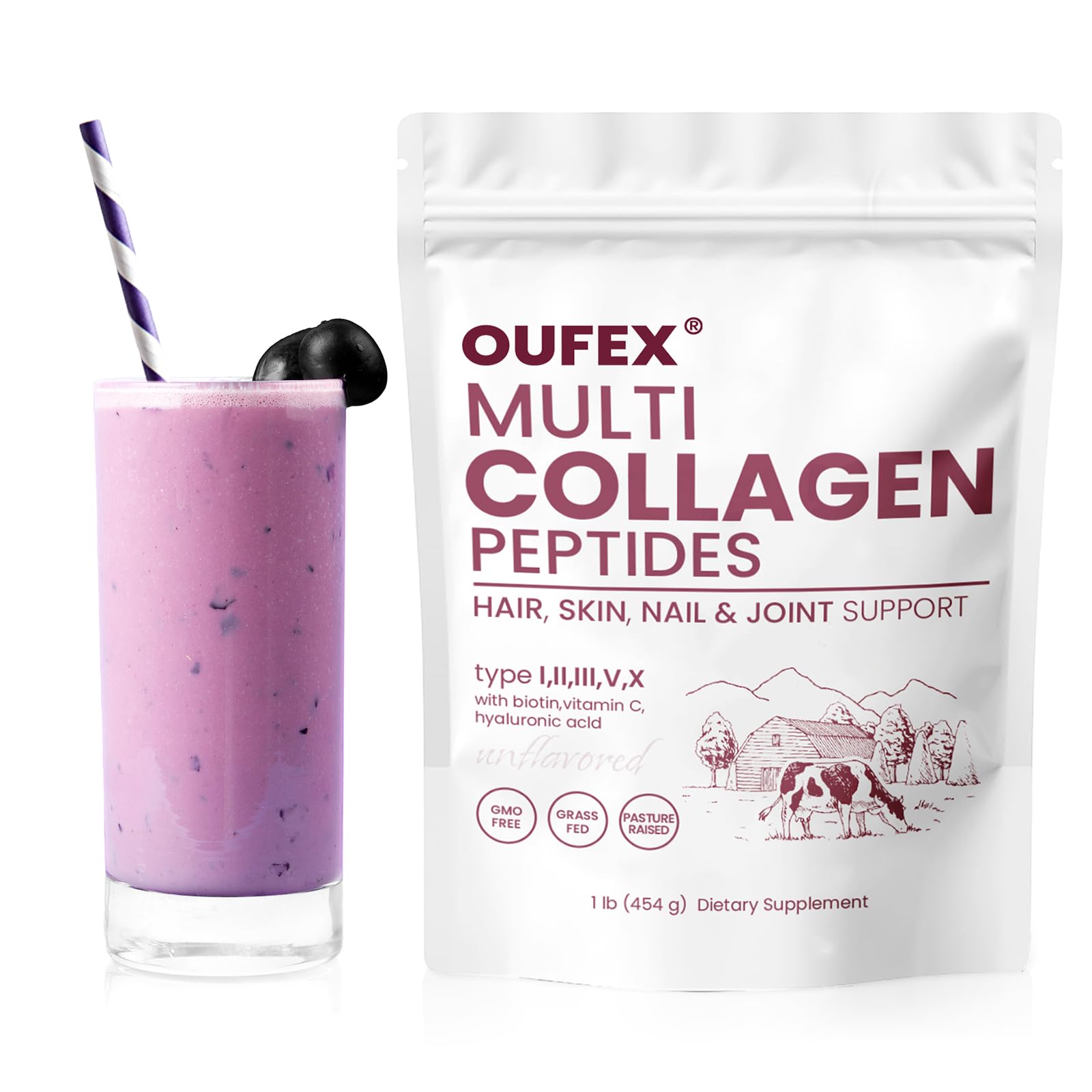 Multi Collagen Peptides Powder, Collagen Peptides for Women & Men, Collagen Powder with Hyaluronic Acid, Biotin, Types I, II, III, V, X, Promotes Hair, Nail, Skin, Bone and Joint Health (1 lb)