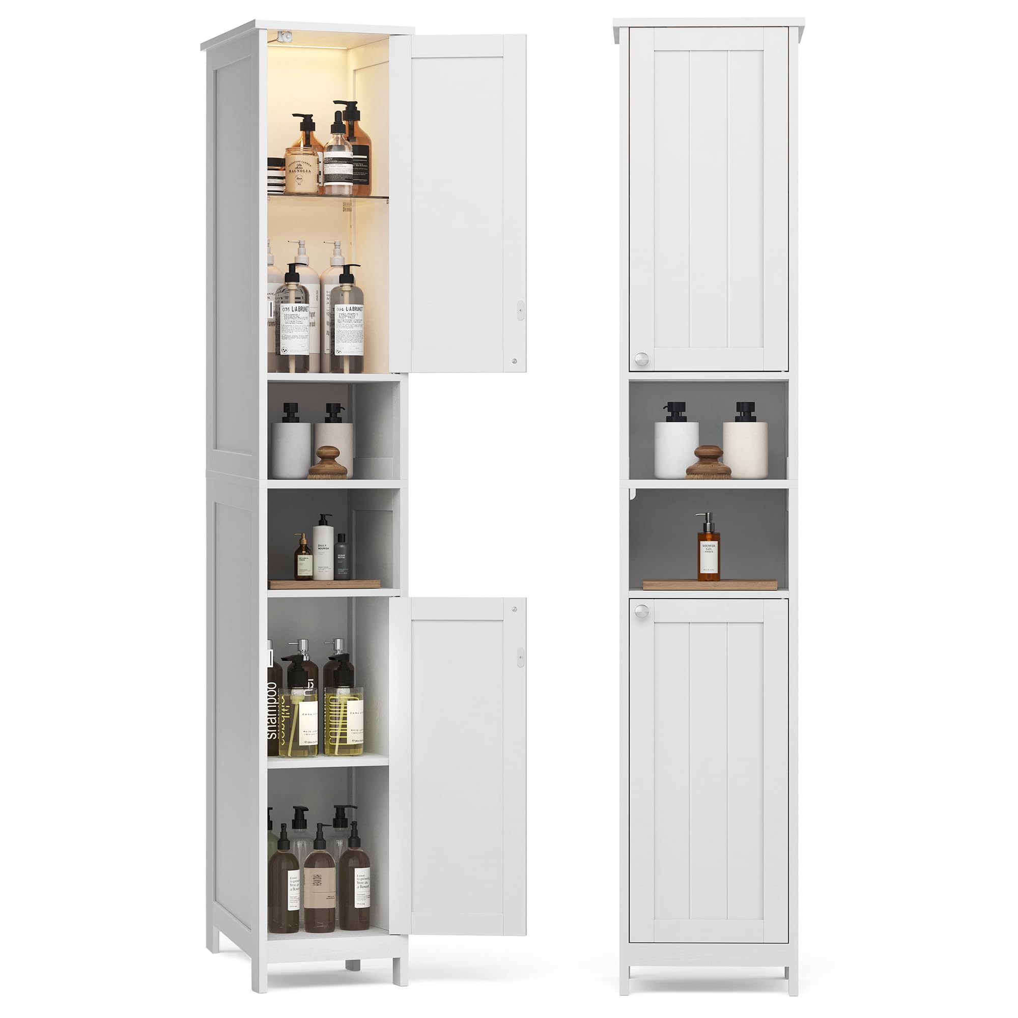 VASAGLE Tall Storage Cabinet with Lights, Slim Freestanding Cabinet with Adjustable Shelves, for Small Spaces, Bathroom, Living Room, Modern, 11.8 Inches Wide, Cloud White UBBC566W02V1