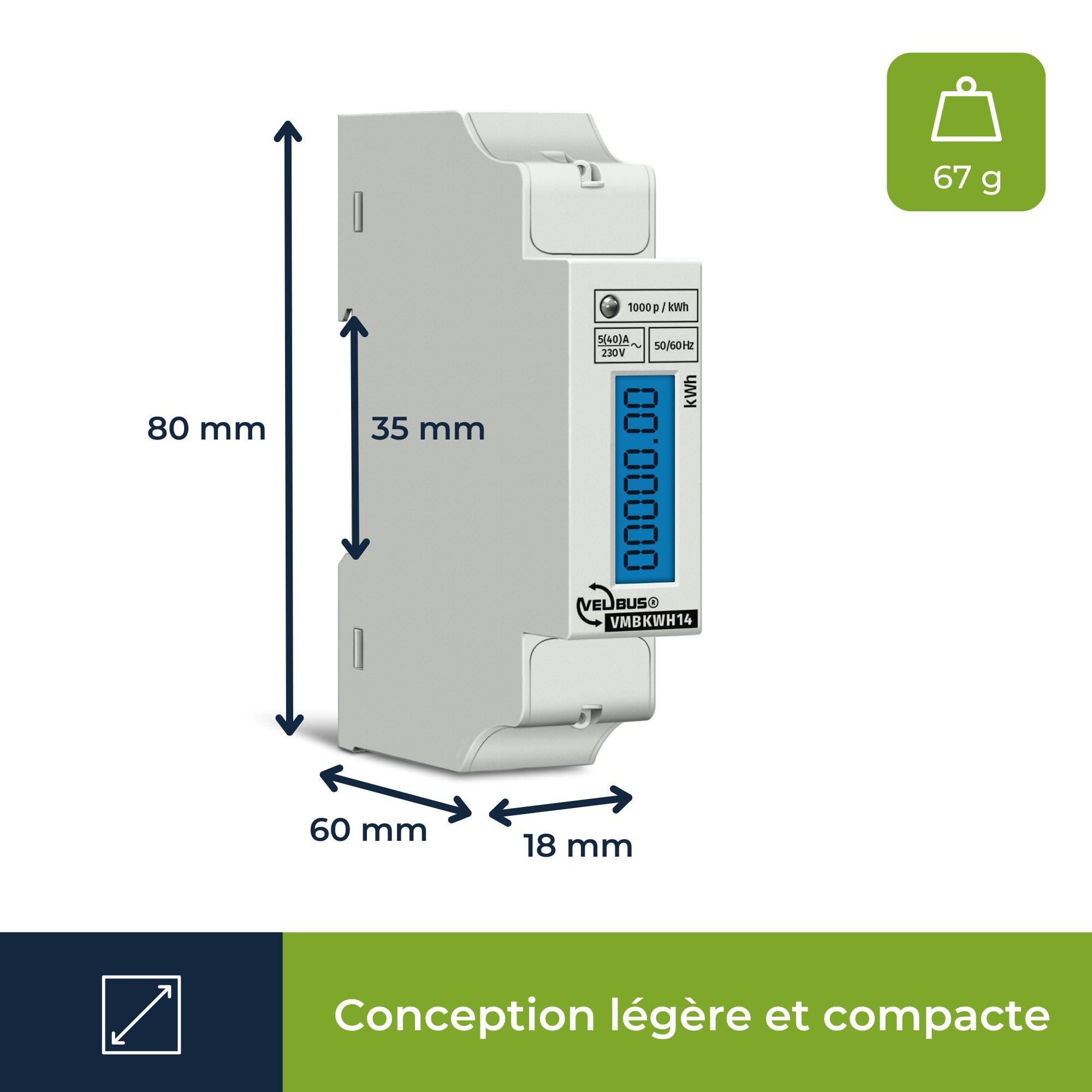 Velleman Compteur d'énergie monophasé, compteur électrique monophasé, delesteur electrique monophasé, compteur énergie, kWh, montage rail DIN, affichage LCD, LED, max. 40 A