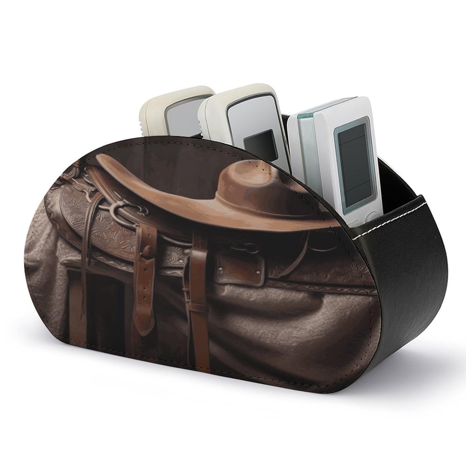 VstaDank Horse Saddle with A Cowboy Hat Wild Remote Control Holder with 5 Compartments Pu Leather TV Remote Caddy Storage Box Desktop Organizer Store Controller DVD Brush Pens Glasses&Office Supplies