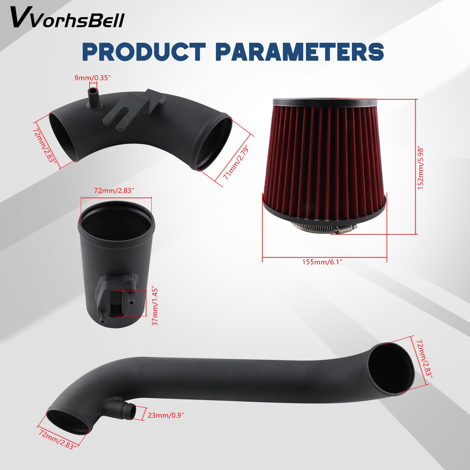 Kit de admisión de aire frío turbo compatible con GTI MK5 (06-09) A3 8P (05-13) 2.0T TSI Golf MK6 1.8T/2.0T (11-14) MK6.5 1.8T/2.0T (15-18) Passat B7 1.8T (12-19 manual) VW CC2.0T (09-17)