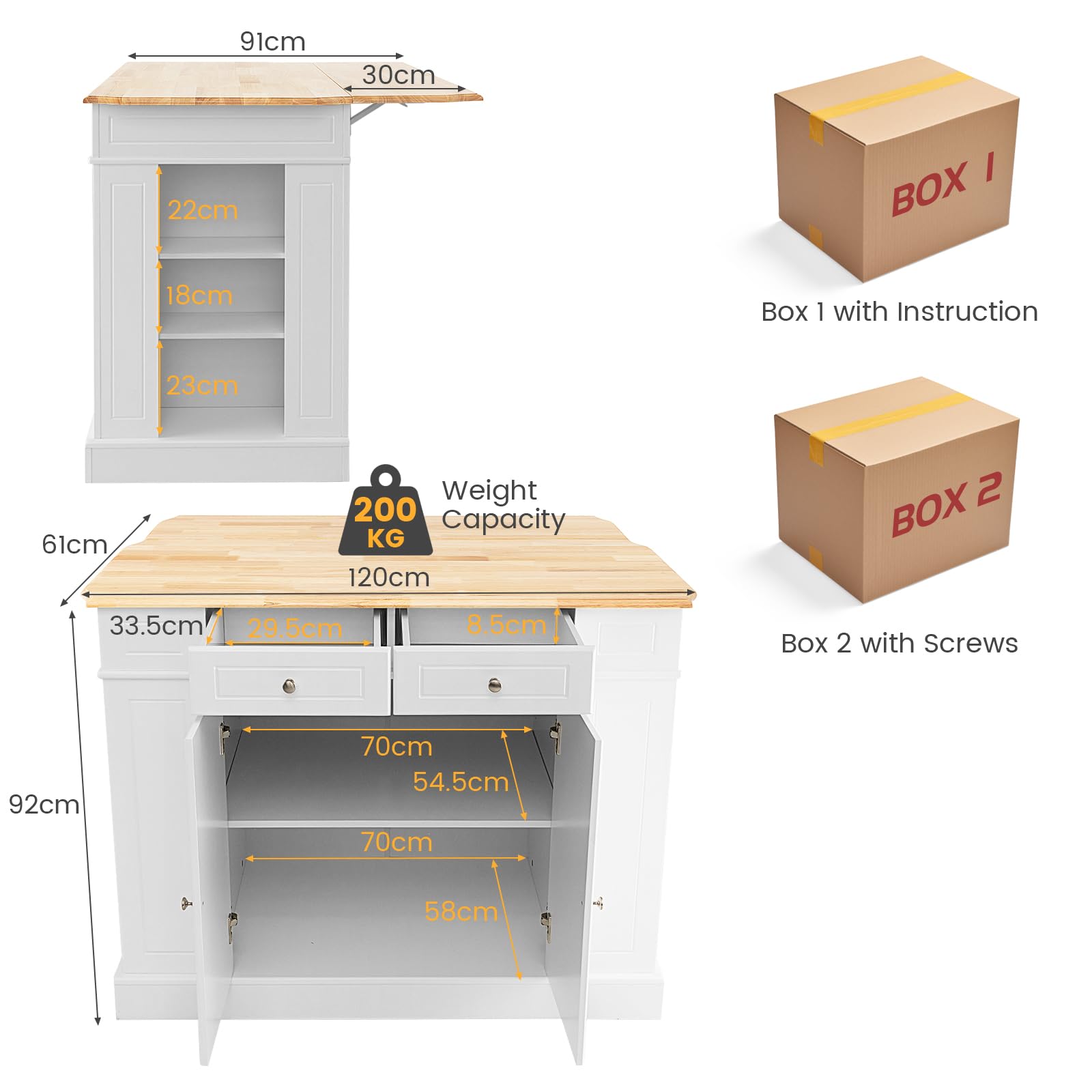 KOMFOTTEU Îlot Central Mobile avec Plan de Travail en Bois Massif, Desserte de Cuisine avec 2 Tiroirs & Étagères latérales à 3 Niveaux, Desserte de Service, 120 x 61 x 92 cm (Blanc)