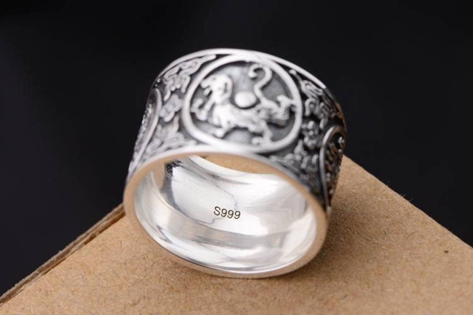 Anillo Retro S999 Plata Esterlina Plata Esterlina Cuatro Grandes Bestias Anillo Ancho Creativo Regalo de Los Hombres Anillo Dominante1, 61mm