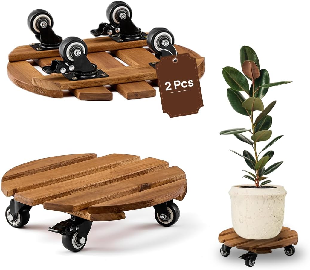 THYOI 2 Pack 12" Acacia Wood Plant Caddy with Lockable 360° Caster Wheels, 300 LB Heavy Duty Rolling Stand for Indoor Outdoor Planter Pots, Wooden Dolly for Patio (Golden Teak, Round)
