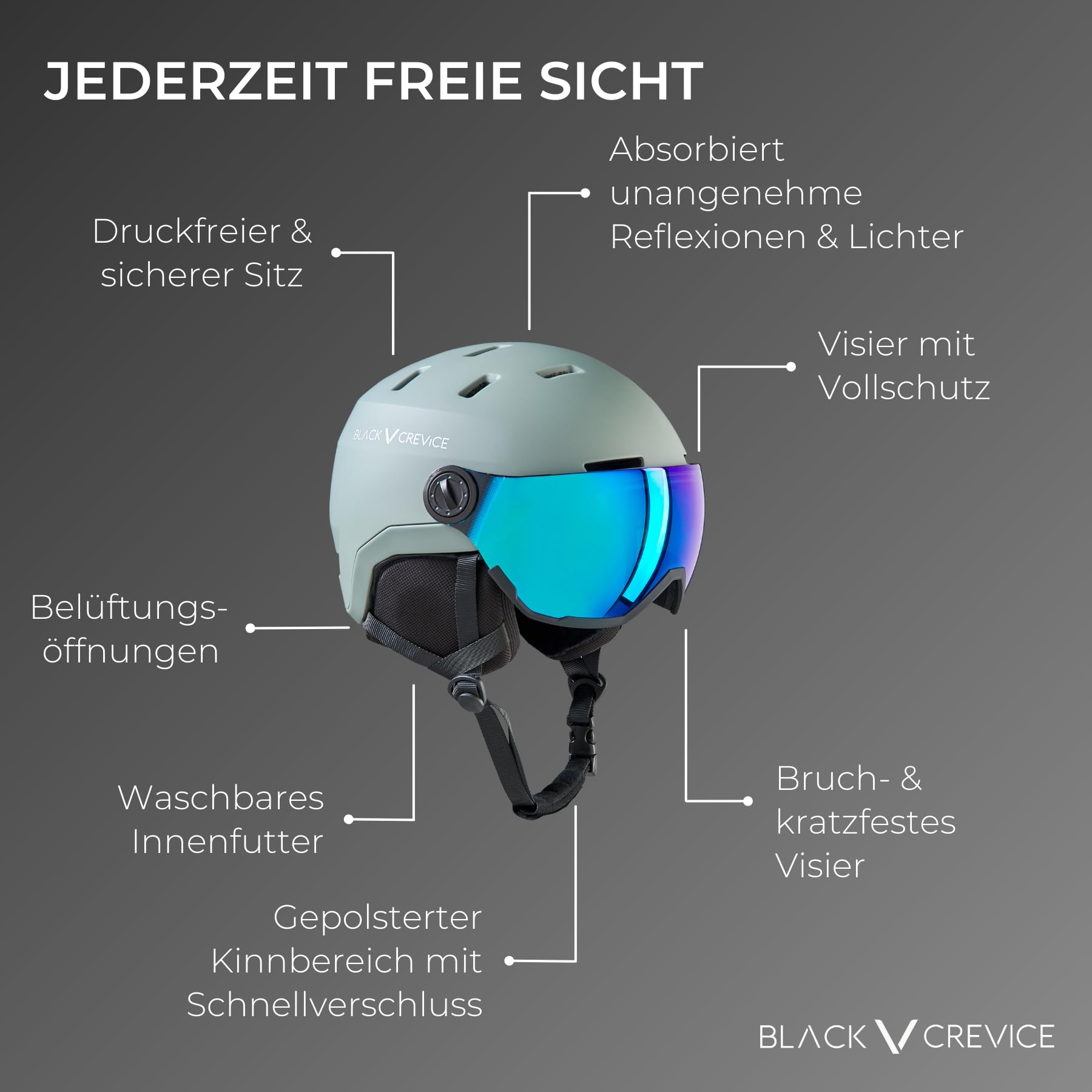 BLACK CREVICE Kask narciarski Wengen I kask narciarski z wizjerem z poliwęglanu, kask narciarski dla mężczyzn i kobiet, lekka technologia Double-Inmould, oddychający kask narciarski, regulowany