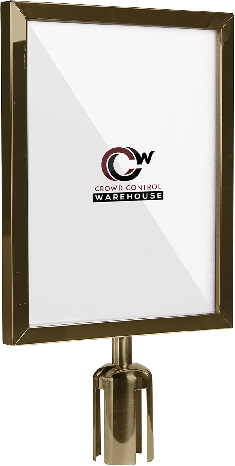 Crowd Control Warehouse Stanchion Post Top Sign Frame, 11 x 14 Inch Vertical Satin Brass Steel