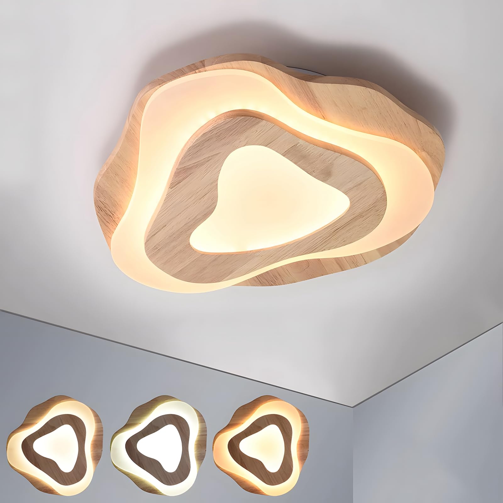 WayLuoung Wooden LED Ceiling Light | Ø40cm 36W 3300Lm | 3000K-6000K Dimmable with Remote Control, Modern Natural Wooden + Acrylic Clouds Lamp, Living Room Child Bedroom Kitchen Dining Home Office