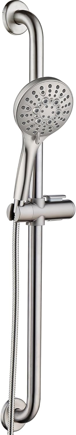 BRIGHT SHOWERS Slide Bar Shower Set with Handheld Shower Head, ADA-Compliant Stainless Steel Grab Bar, Adjustable Height and 69-Inch Hose, Brushed Nickel