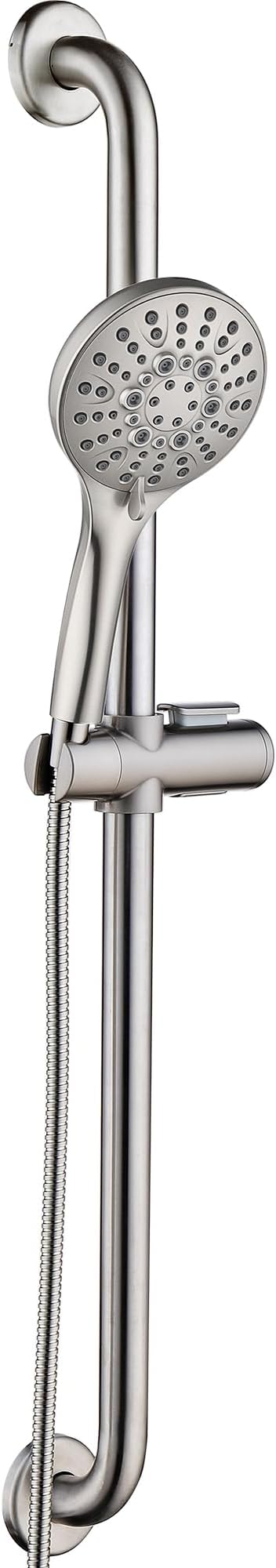 BRIGHT SHOWERS Slide Bar Shower Set with Handheld Shower Head, ADA-Compliant Stainless Steel Grab Bar, Adjustable Height and 69-Inch Hose, Brushed Nickel