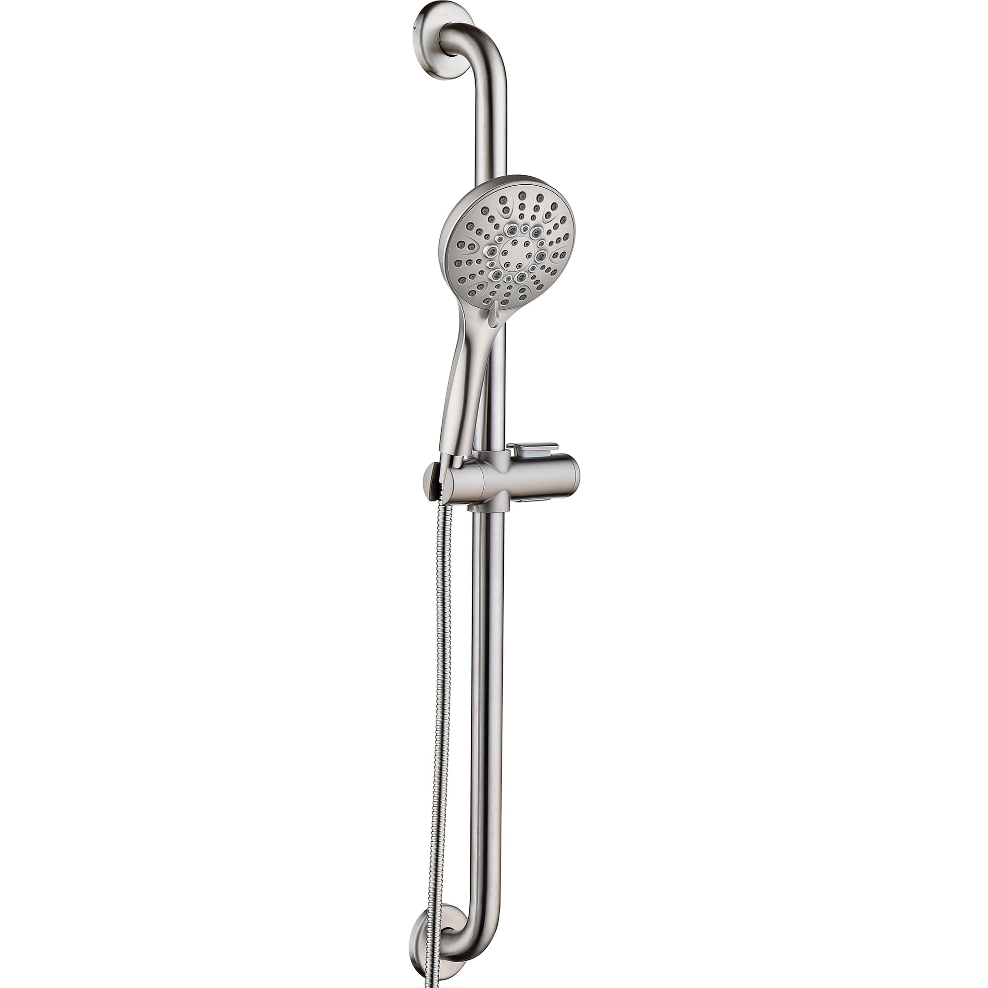 BRIGHT SHOWERS Slide Bar Shower Set with Handheld Shower Head, ADA-Compliant Stainless Steel Grab Bar, Adjustable Height and 69-Inch Hose, Brushed Nickel