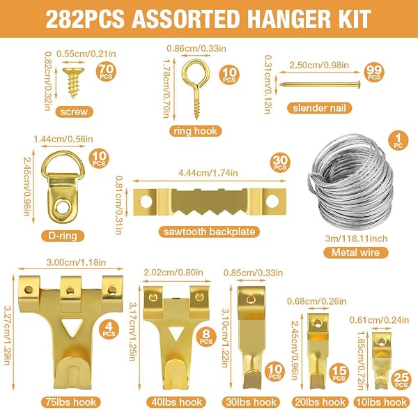 Colgadores de Cuadros Kit, 282 Piezas Ganchos Resistentes de Marcos de Fotos con Clavos Ganci da Parete Antitraccia 10 - 75 libras para Colgar Fotos Lienzo Reloj Espejo Obra de Arte Dorados - 2