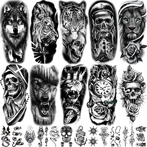Briyhose 22 Sheets 3D Animal Realistic Temporary Tattoos For Men Women Half Arm Sleeve, Large Tribal Wolf Lion Tiger Fake Tattoo Stickers Adult Forearm, Black Halloween Skull Flower Rose Tatoo Anchor #TOP1